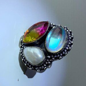 Rainbow Fire Topaz Pearl Ring